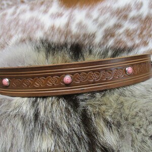 Tooled Leather Hat Band with  synthetic Coral Spots.