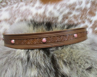 Tooled Leather Hat Band with  synthetic Coral Spots.