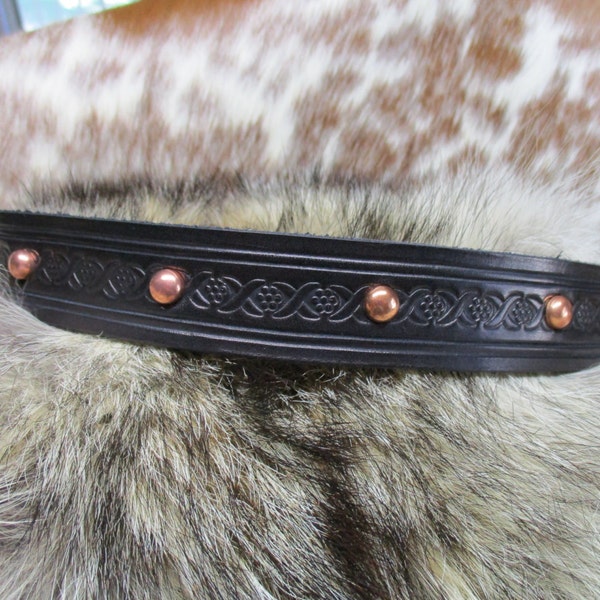 Hand Tooled Leather Hat Band with Copper Dome Spots.