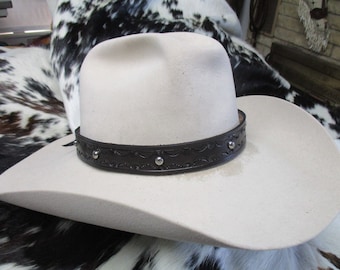 Hand Tooled Leather Hat Band with Nickel Plated Engraved Dome Spots.