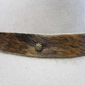 Brindle Cowhide Hat Band with Antique Brass Umbrella Spots
