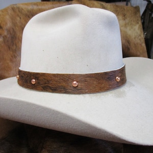 Hair On Brindle Cowhide Leather Hat Band with Copper Spots.