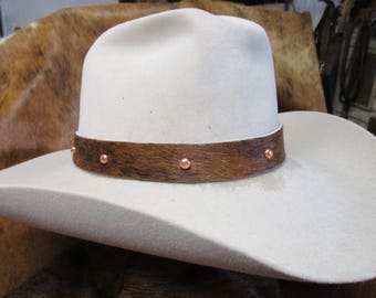 Hair On Brindle Cowhide Leather Hat Band with Copper Spots.