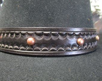 Hand  Tooled Black Leather Hat Band with Copper Dome Spots.