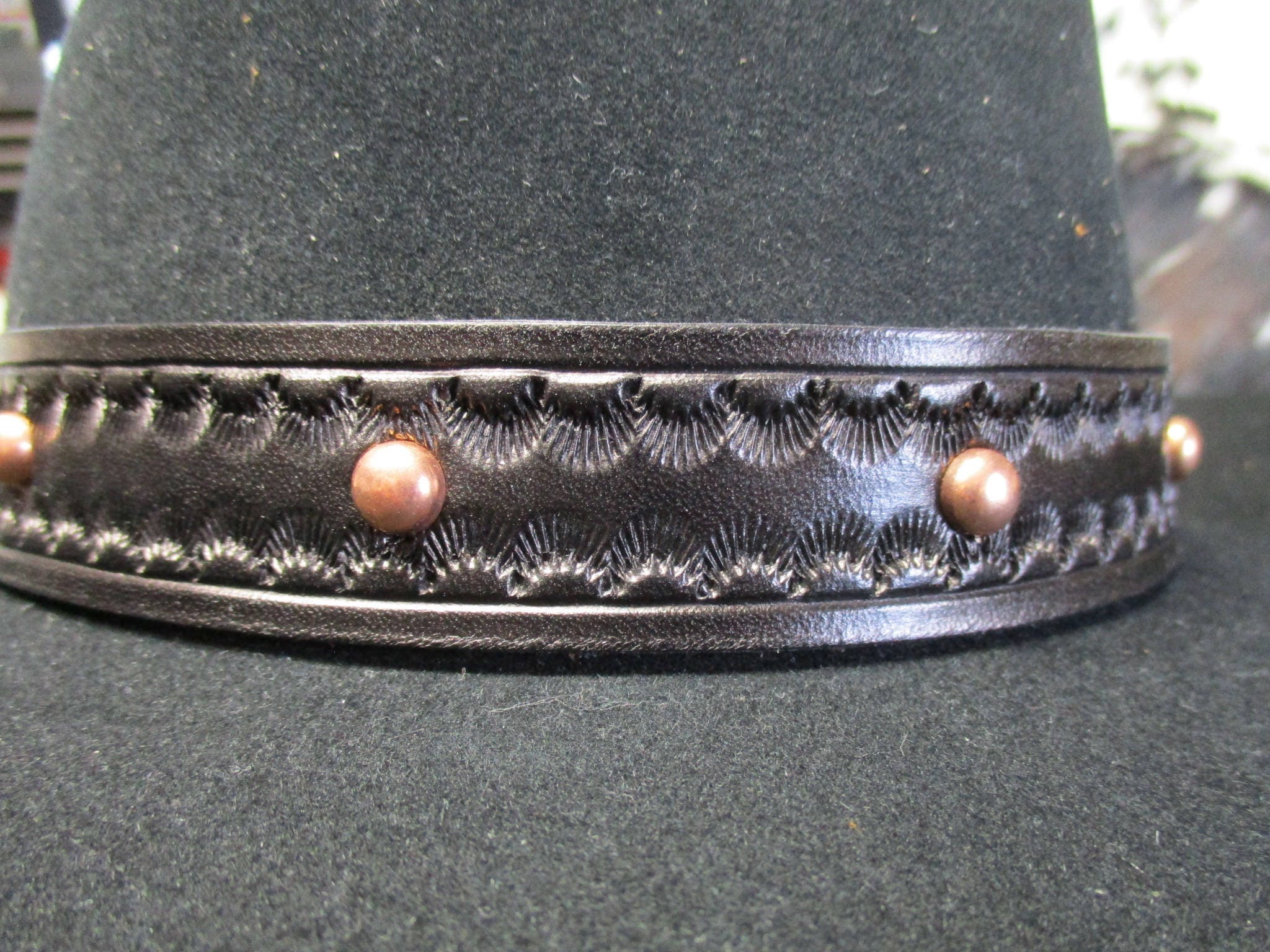 Hand Tooled Black Leather Hat Band With Copper Dome Spots  display picture 1