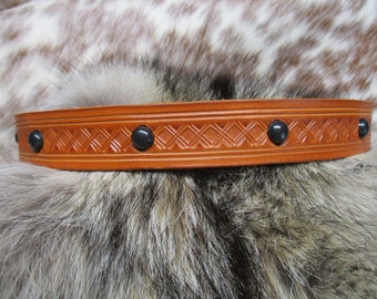 Hand Tooled Leather Hatband with Black Chrome Spots.