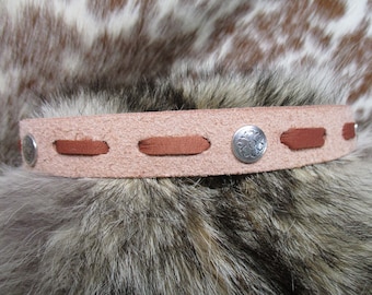 Rough out Leather Hatband with Antique Silver Conchos.