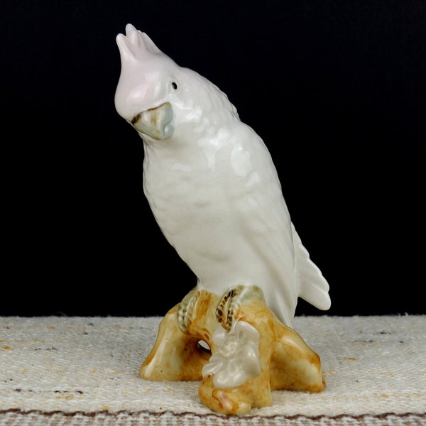 RARE Vintage 1960s Mid Century White & Pink Royal Dux Porcelain Cockatoo Parrot Bird Bohemia Numbered Ceramic Figurine Retro VTG Collectible