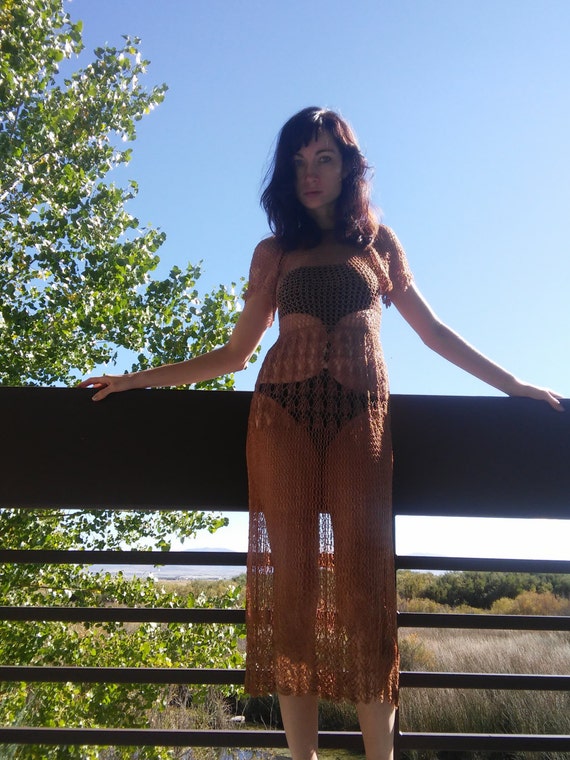 70s brown crochet dress cover-up small
