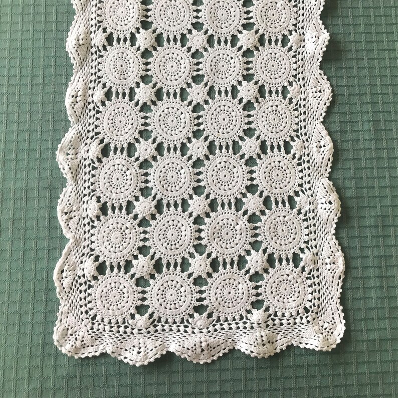 White Crocheted Table Runner Vintage Dresser Scarf Image 0