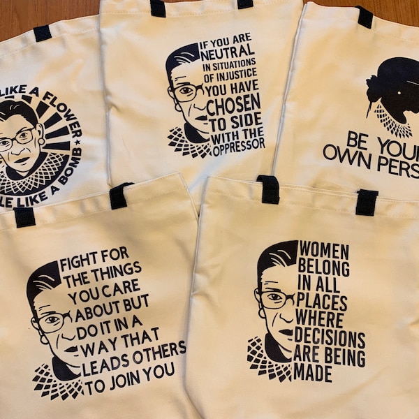 RBG tote bags featuring Ruth Bader Ginsburg's famous quotes, multiple text options and two bag sizes available