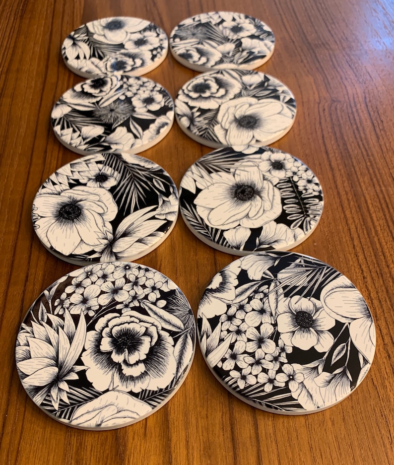Black /& white flower print ceramic coaster set of four