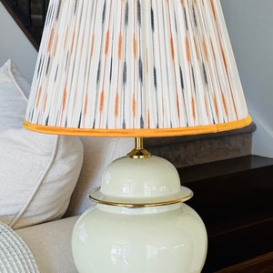 Handmade Ikat Lampshade, White Fabric with Yellow Trim