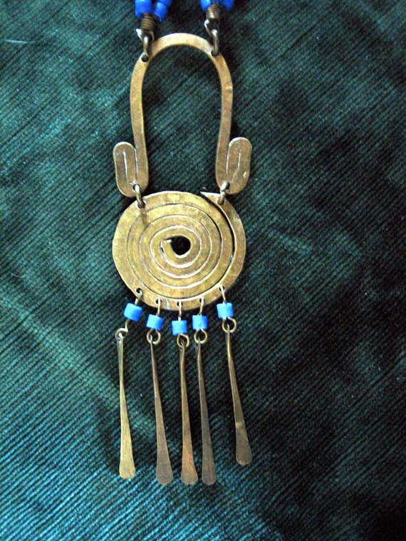 1970s Bohemian  Brass and Blue Bead Statement Nec… - image 2