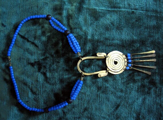 1970s Bohemian  Brass and Blue Bead Statement Nec… - image 1