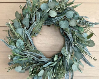 Mixed Eucalyptus Wreath, Everyday Greenery Wreath for Front Door, Year Round Farmhouse Wreath, Housewarming Gift, Natural Wall Decor