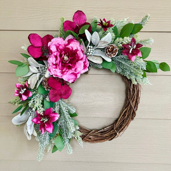Pink Winter Wreath for Front Door, Magenta Floral Wreath, Valentines Day Wall Decor, Wintertime Porch Decor, Christmas Gift, Gift for Her