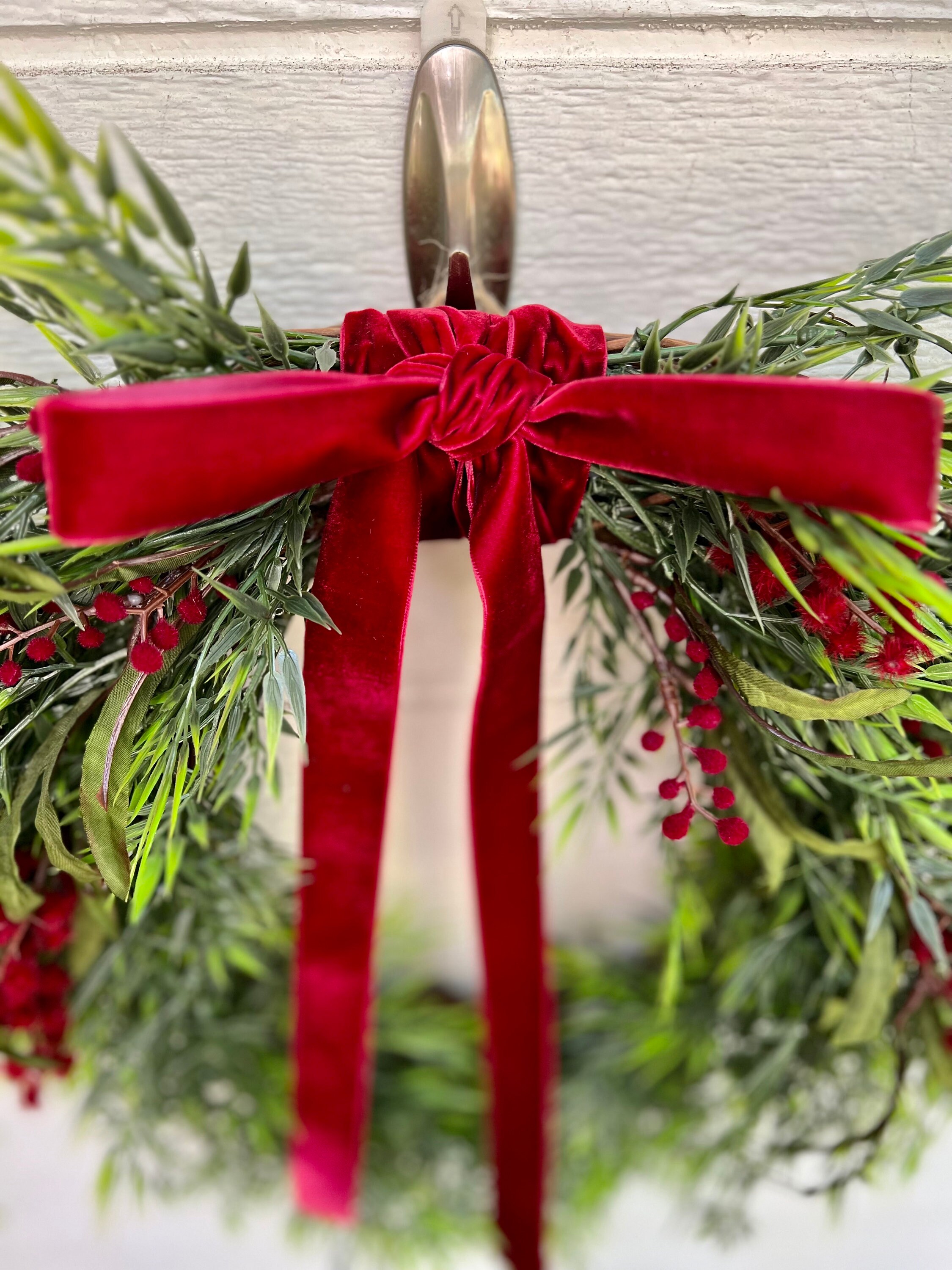 Cascading Willow Wreath With Burgundy Bow, Winter Greenery Wreath With