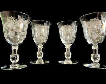 Heisey Rose by HEISEY set of 4 Water Goblets  Etched Rose Design circa 1949