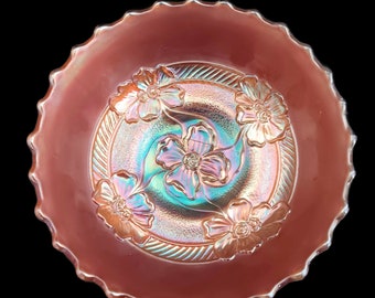 Dugan Glass Apple Blossom Bowl, Marigold Iridescent Carnival Glass