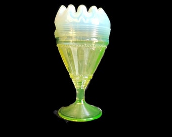 FLUTED BARS and BEADS  by Jefferson Glass Company  Uranium Glass Vase Ca.1904