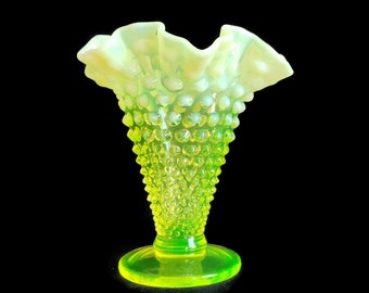 Fenton Hobnail Topaz (Yellow) Opalescent #389 - 6 inch Double Crimped Vase