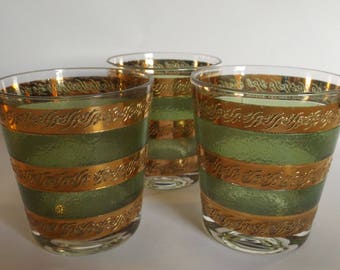Culver Starlyte Set of 3 Mid Century Modern Glasses, Green, Gold, Vintage,