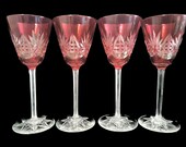 Red Cranberry Cut To Clear Hand Cut Long Stem Wine Goblets Set of 4