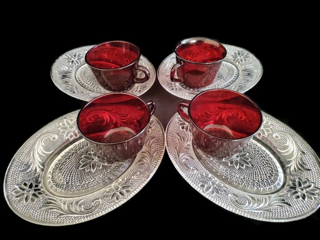 Sandwich Glass Snack Plates With Royal Ruby Red Cups Set of 4 Etsy