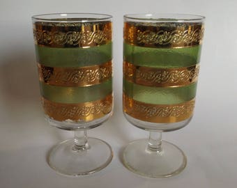 Culver Starlyte Set of Two Mid Century Modern Glasses, Green, Gold, Vintage,