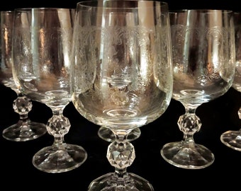 Bohemia Claudia Cascade Bell Etched Set of 6 Water Goblets Ball Cut Stems