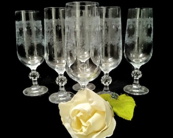 Bohemia Claudia Cascade Bell Etched Set of 6 Fluted Champagnes Ball Cut Stems