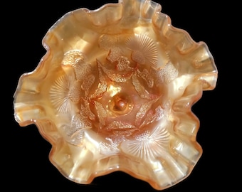 Fenton Scotch Thistle Light Marigold Comport With Clear Stem Ruffled Crimped Edge Circa 1911