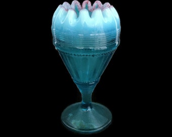 Beads and Bars EAPG Jefferson Glass Vase Blue Opalescent with Cranberry Frit