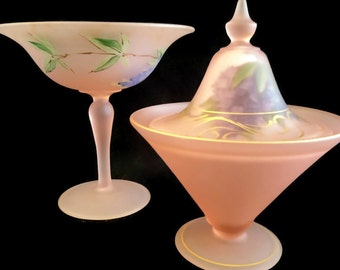 TIFFIN #179 U.S. Glass Pink Satin Glass Matching Heliotrope Comport and Conic Footed Candy Circa 1928