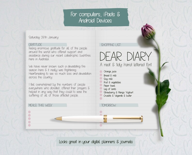 Hand Lettered Font Dear Diary Print Font Regular and Bold for Etsy