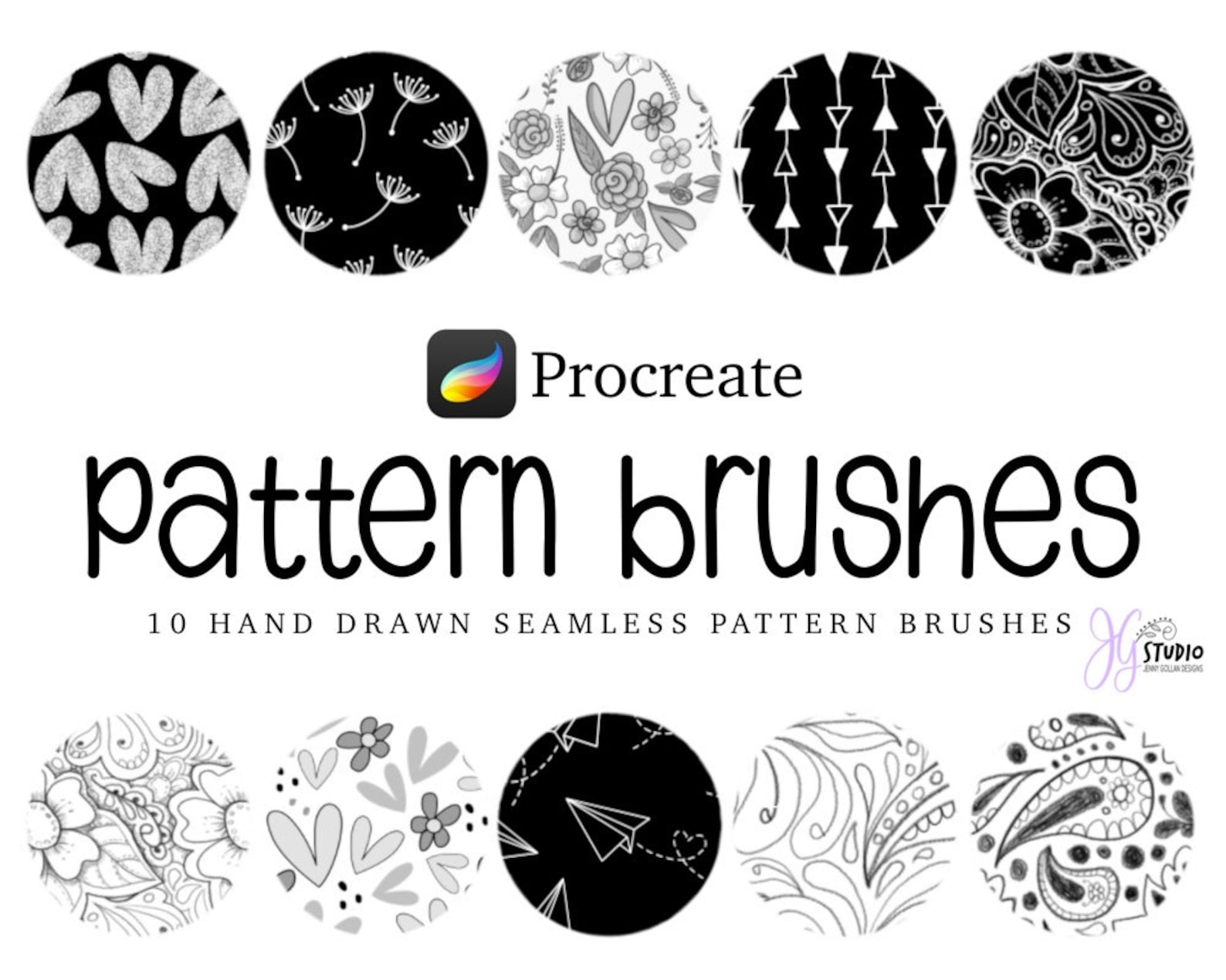 Procreate Brushes Seamless Pattern Pack 1 With 10 Hand Drawn Etsy