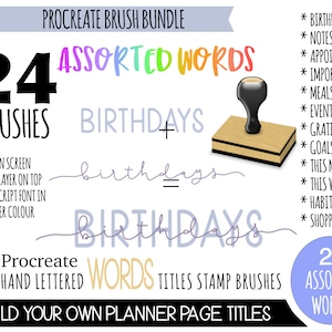 Procreate Brushes Set of 24 Hand Lettered Assorted Planner Words Solid and Script Words Stamp Brushes for Digital Planning