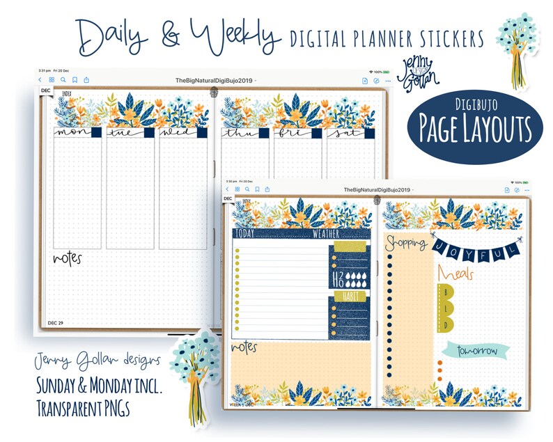 Puede incluir: Pegatinas de planificador digital con dise&ntilde;os diarios y semanales. Los dise&ntilde;os presentan bordes florales y de hojas en azul, naranja y amarillo. El texto incluye "Daily & Weekly Digital Planner Stickers", "Digibujo Page Layouts".