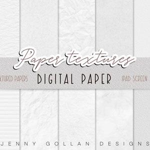 May include: Ten digital paper textures in white, designed for iPad screen size. The textures include crumpled paper, lined paper, and smooth paper.