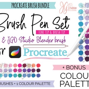Puede incluir: Paquete de pinceles Procreate con tres pinceles, incluido un juego de bolígrafos de pincel con puntas finas y puntas de pincel, y un pincel mezclador. El paquete también incluye una paleta de colores con una variedad de colores. La imagen incluye el texto "Procreate Brush Bundle", "Brush Pen Set", "Fine Tip & Brush Tip", "& JGD Studio Blender brush", "for Procreate", "3 Brushes + 1 Color Palette", "+ Bonus", "Color Palette".