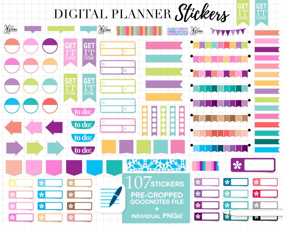 Cropped Digital Planner Stickers Bundle Labels Banners Washi Colourful ...