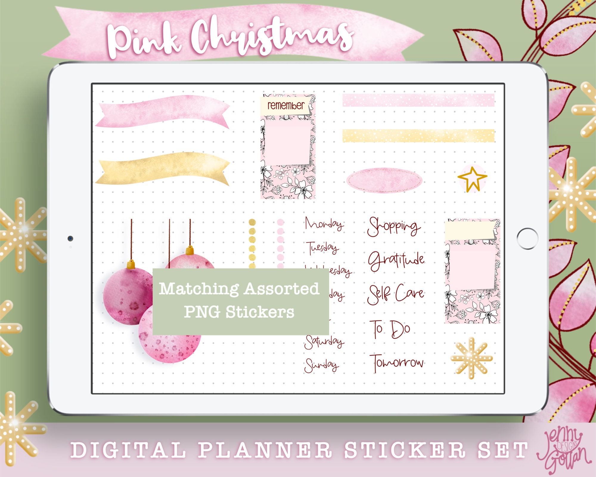 Digital Planner Stickers Pink Christmas Collection Original Watercolour ...