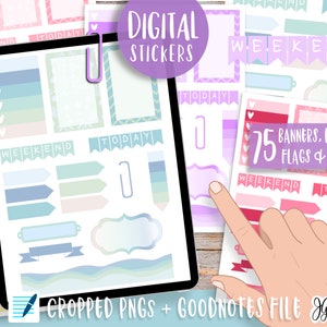 Cropped Digital Planner Stickers 75 Assorted Banners Flags Labels Clips plus Goodnotes cropped sticker file