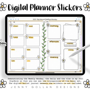 May include: A digital planner page with a weekly calendar, daily schedule, and notes section. The page is decorated with daisy stickers and a vine border. The text "2021 Big Natural DigiBujo Monday" is at the top of the page.