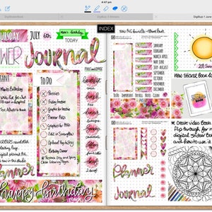 May include: A pink and green floral planner spread with a to-do list, important notes, and a calendar. The planner is decorated with stickers and a "Happy Birthday" message. The right page features a sticker book launch announcement and a mandala design.