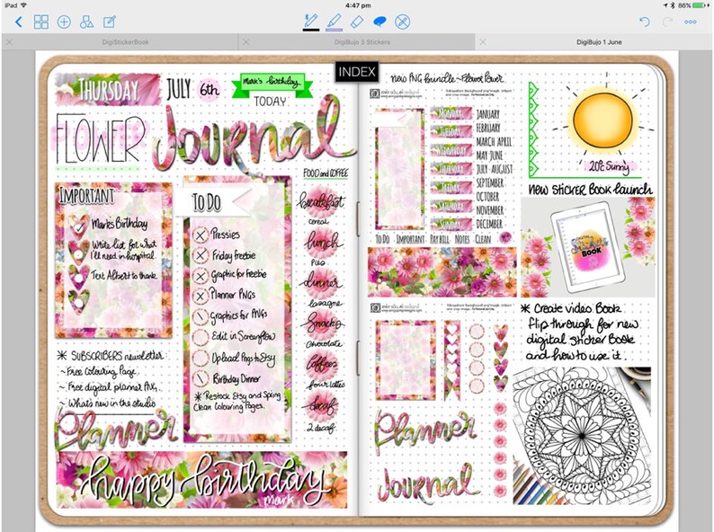 May include: A pink and green floral planner spread with a to-do list, important notes, and a calendar. The planner is decorated with stickers and a "Happy Birthday" message. The right page features a sticker book launch announcement and a mandala design.