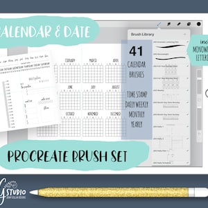 Procreate Brushes Set Calendars Layouts and Time Stamp Brushes to Colour And Save for Your Digital Planner or Digital Journal