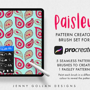 May include: A digital illustration of a paisley pattern on a tablet screen. The pattern is created using five seamless pattern brushes for Procreate. The text "Paisley Pattern Creator Brush Set for Procreate" is displayed on the screen.