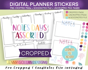 Digital Planner Stickers Notes Days Assorted DigiBujo Cropped PNGs and Pre Cropped Goodnotes Stickers  File